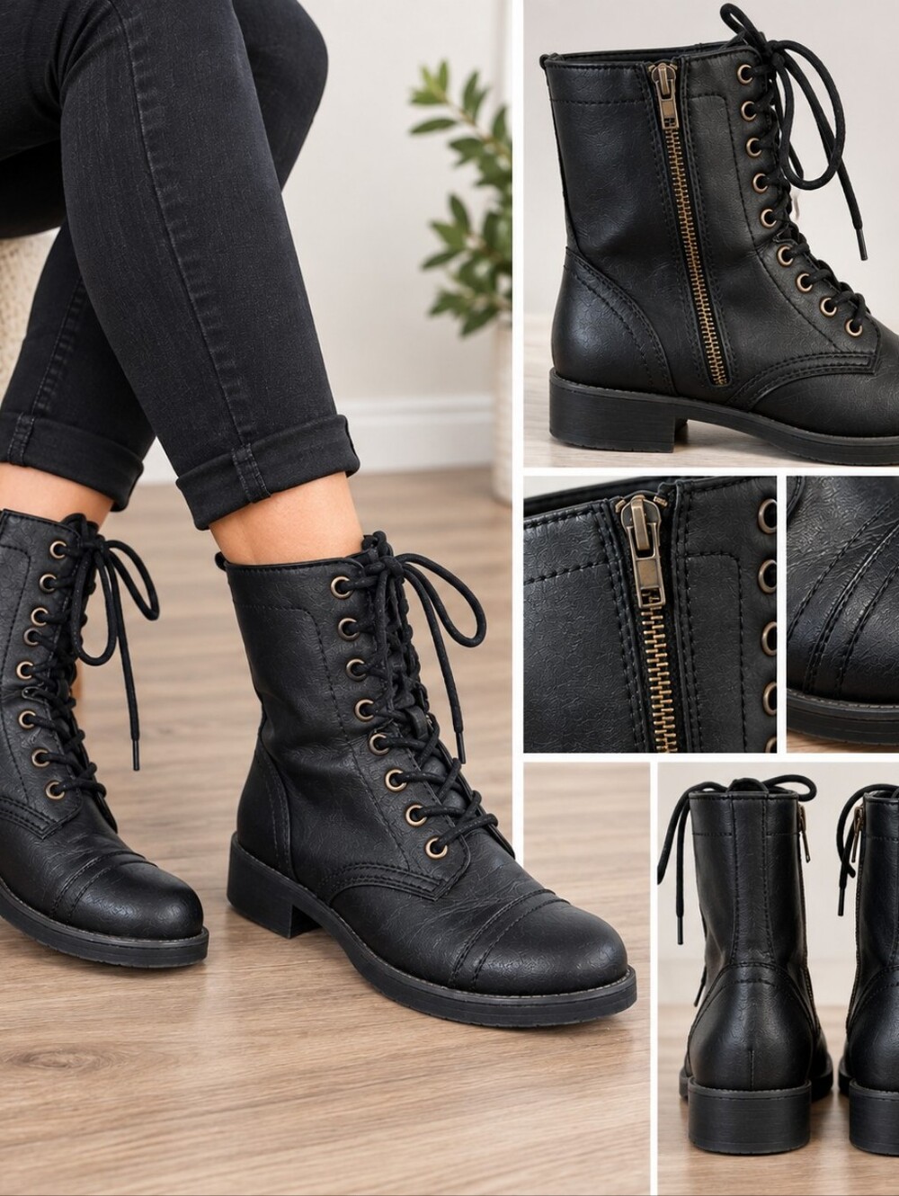Brash Black Lace-Up Combat Boots with Side Zip